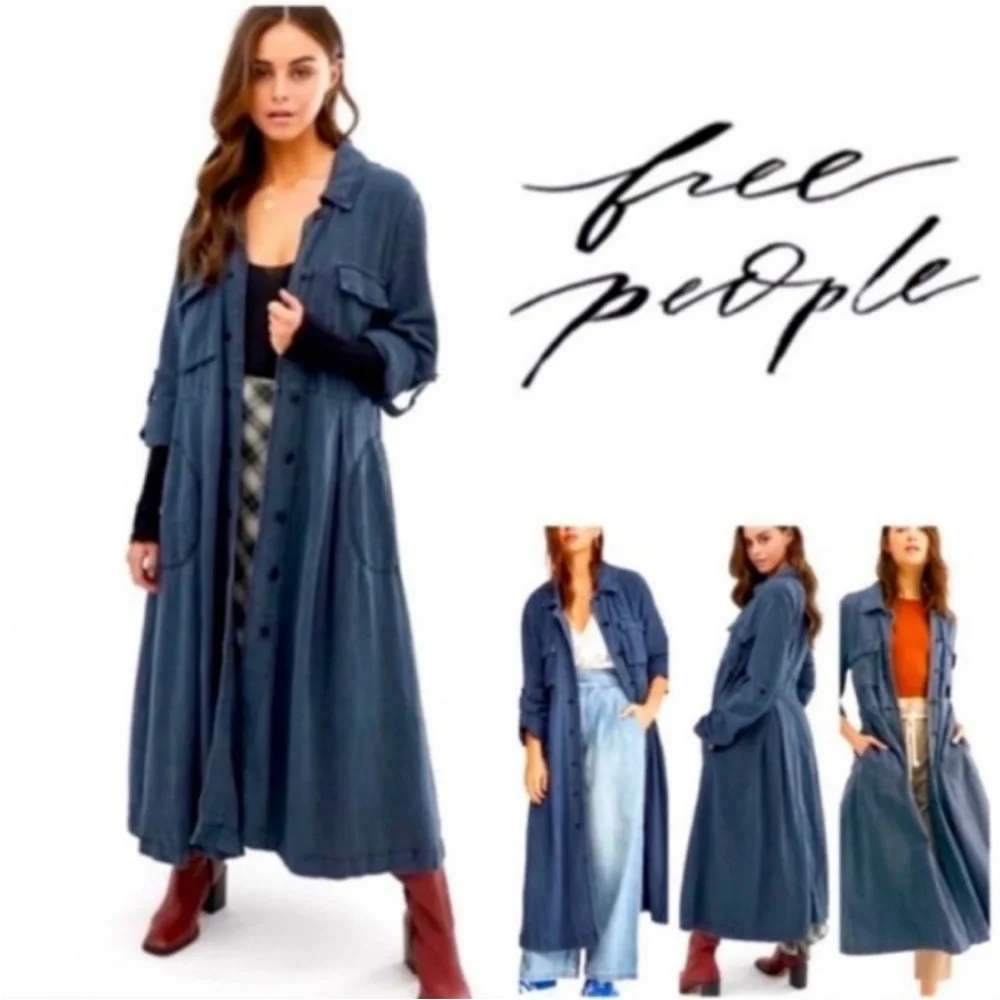 Free People Rainz Linen Blend Longline Maxi Duster Jacket Atlantic Washed Blue - Picture 7 of 12